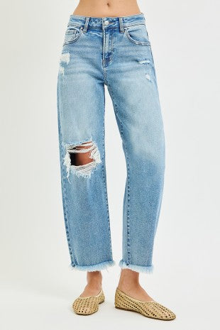 Risen PGC21881 High Rise Crop Barrel Distressed Jeans