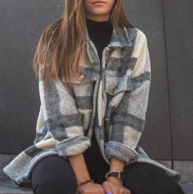 Grey Plaid Casual Shacket