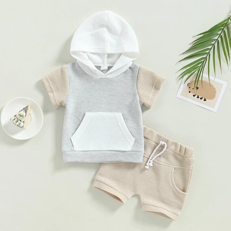 Waffle knit color block 2 piece short set with hood