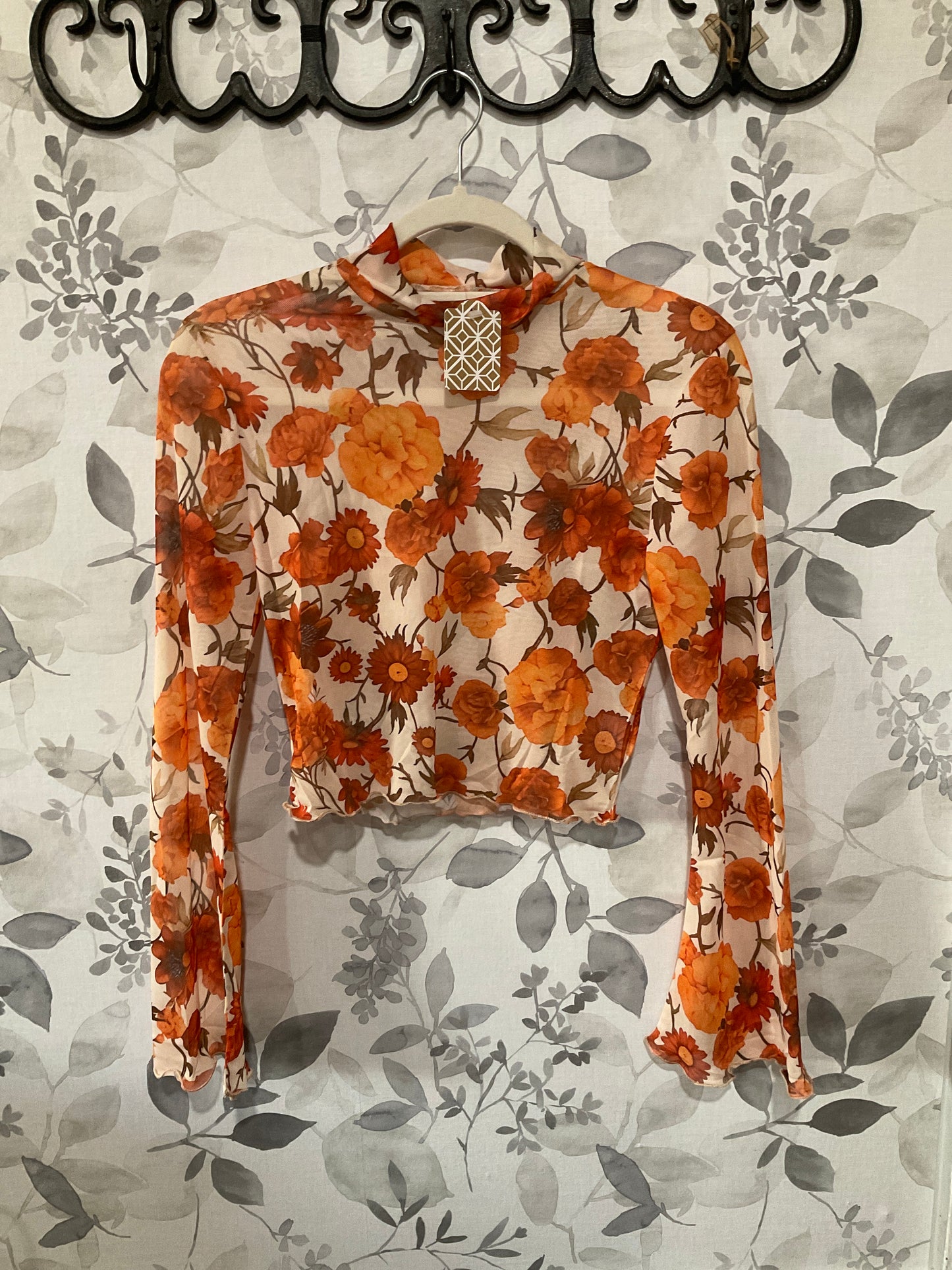 Sheer floral bell sleeve top