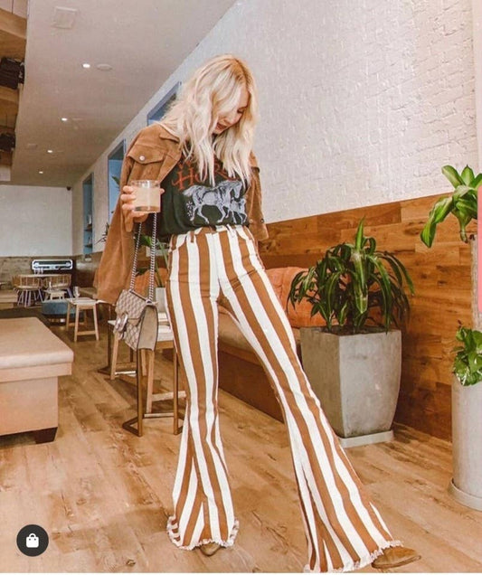 STRIPED BELLBOTTOM FLARE JEANS - RUST