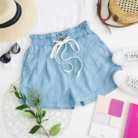 CHAMBRAY DRAWSTRING RUFFLE WAIST SHORTS WITH POCKETS