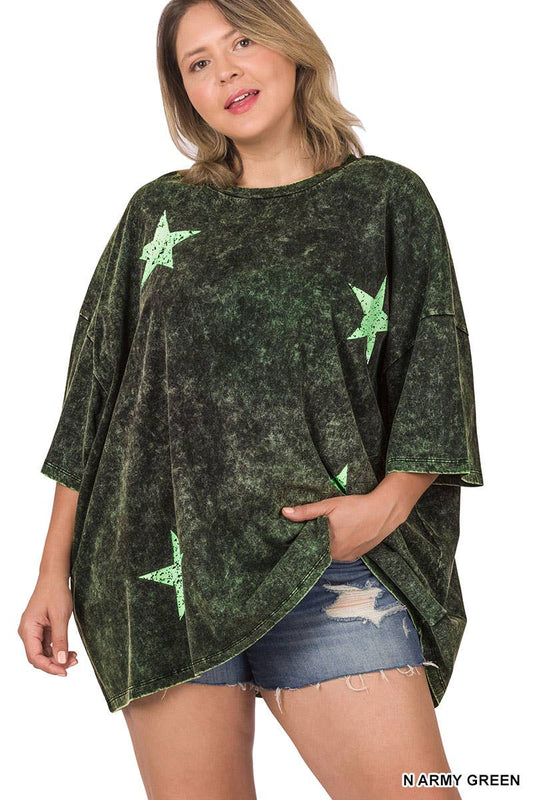 PLUS SIZE MINERAL WASH OVERSIZED STAR PRINT TOP