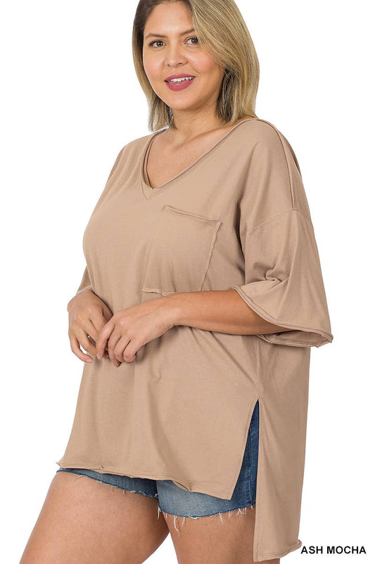 PLUS SIZE FRONT POCKET RAW EDGE TEE