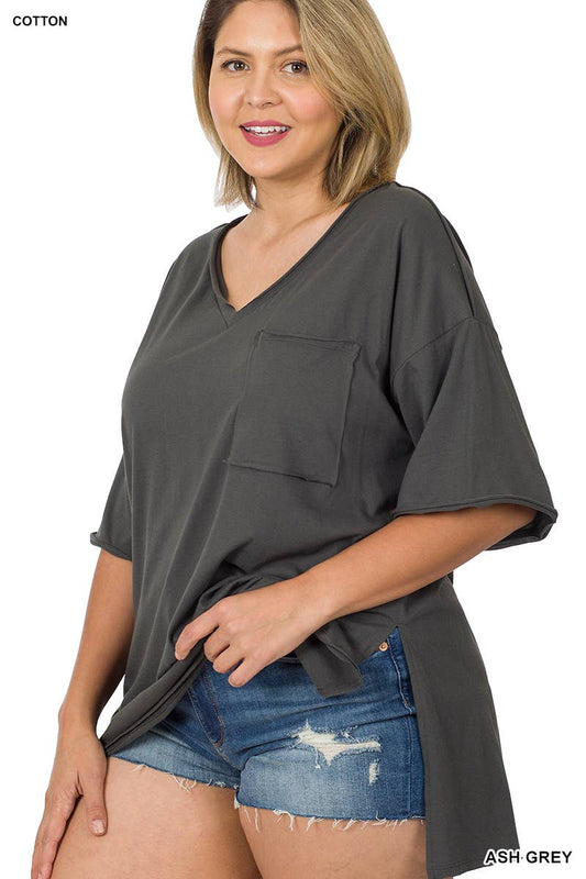 PLUS SIZE FRONT POCKET RAW EDGE TEE