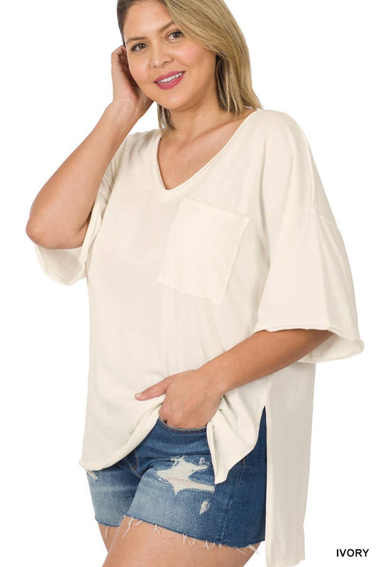 PLUS SIZE FRONT POCKET RAW EDGE TEE