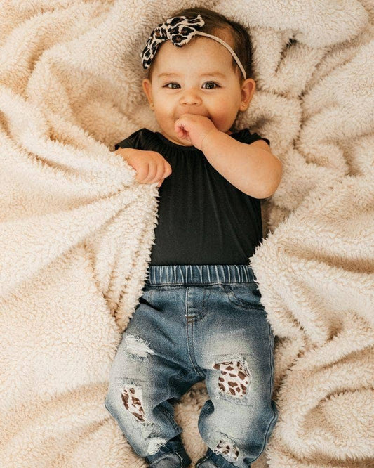 Bailey's Blossoms - Drew Distressed Denim - Dark Wash Leopard